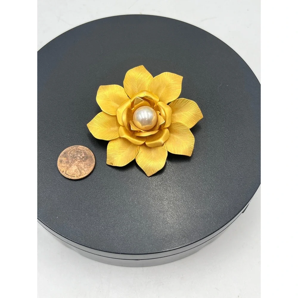 Large Vintage Etched Rose White Faux Pearl Center Matte Gold Tone Brooch  Flower